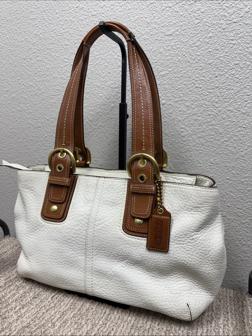 Coach SoHo Medium White Leather Shoulder Bag/Tote with Brown Trim